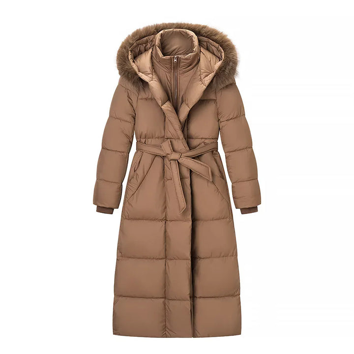Ladies long cut thermal padded coat with separate inner jacket, hood and tie belt Mune Fashion