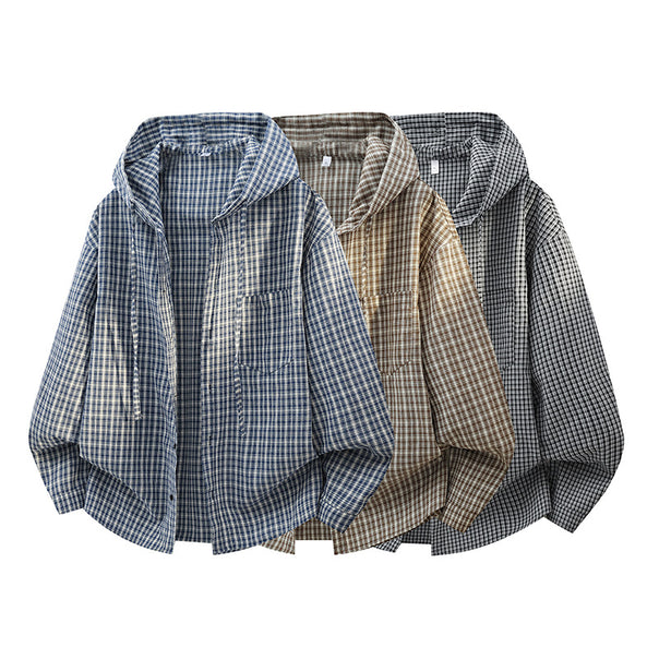 Men's Checked Overshirt Hoodie made of Cotton Blend with Hood & Relaxed Fit Mune Fashion