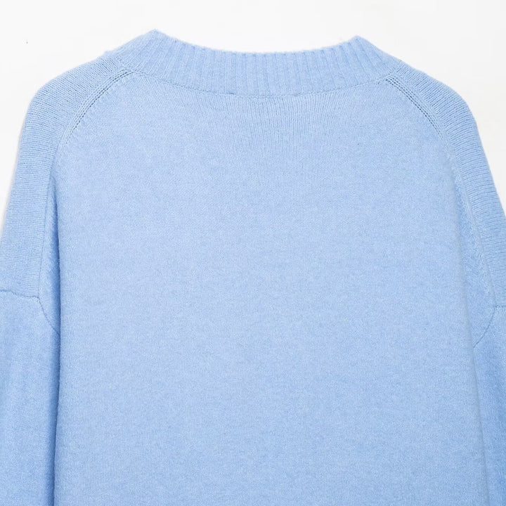 Women's Oversize V-Neck Fine Knit Sweater with Wide Ribbed Hem Mune Fashion