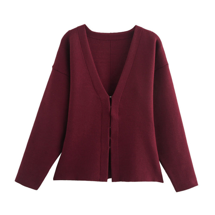 Women loosely fitted fine knit cardigan with deep V-neck and concealed button placket Mune Fashion