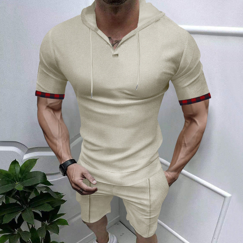 Men's summery hooded lounge set in lightweight waffle texture with short sleeve hoodie Henley opening and comfortable shorts Mune Fashion