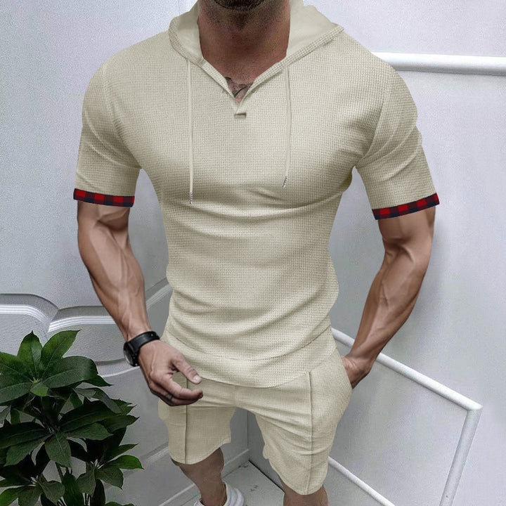 Men's summery hooded lounge set in lightweight waffle texture with short sleeve hoodie Henley opening and comfortable shorts Mune Fashion