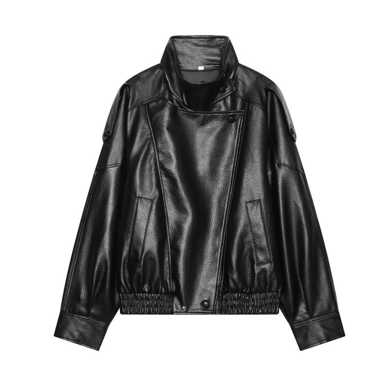 Women Faux Leather Bomber Jacket with High Stand Collar, Asymmetrical Closure and Elastic Hem Mune Fashion