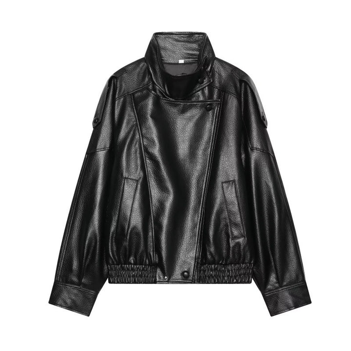 Women Faux Leather Bomber Jacket with High Stand Collar, Asymmetrical Closure and Elastic Hem Mune Fashion