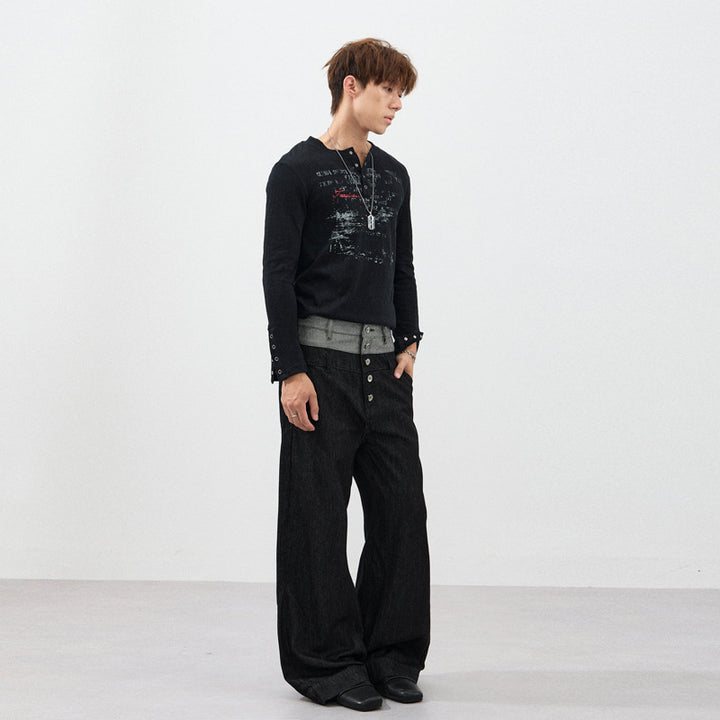 Men's Wide Cut Double-Breasted Denim Palazzo Trousers with Visible Button Placket Mune Fashion