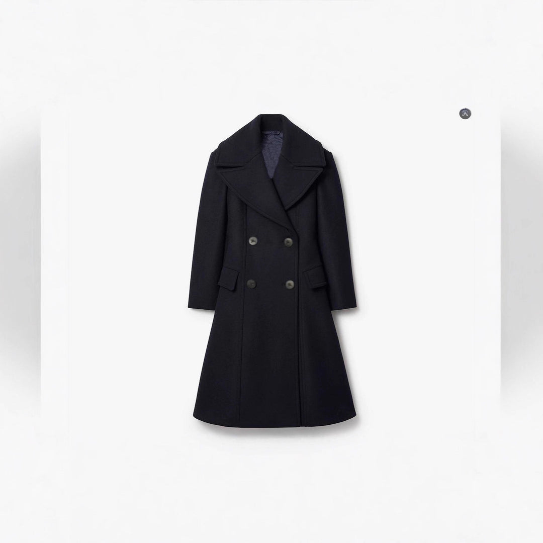 Women's Tailored Double-Breasted Wool Coat with Wide Shawl Collar and Flared Hem Mune Fashion