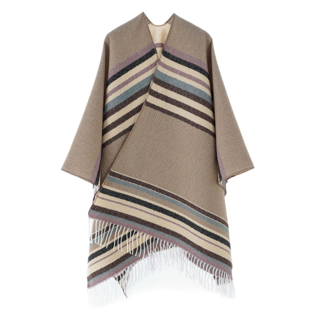 Women's Striped Wool Blend Poncho with Fringed Hem Mune Fashion