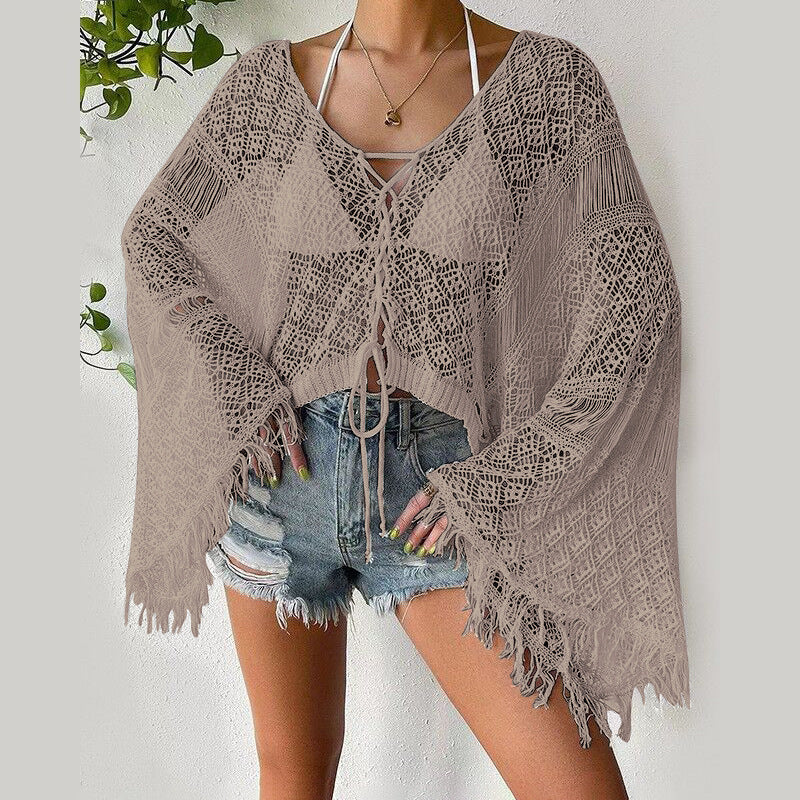 Women's Crochet Beach Top with Fringes and Deep V-Neck Mune Fashion