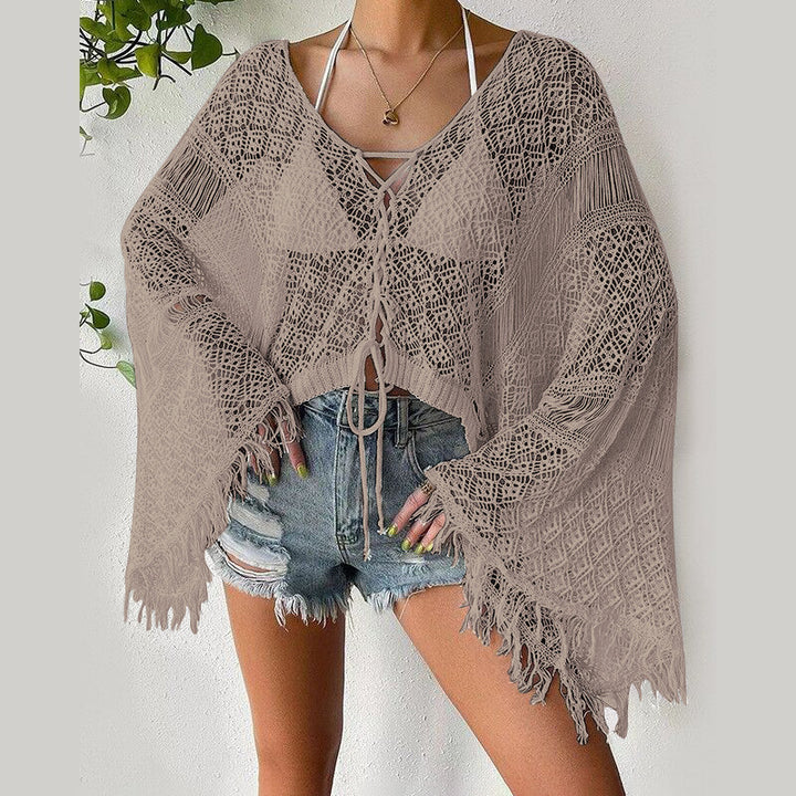 Women's Crochet Beach Top with Fringes and Deep V-Neck Mune Fashion