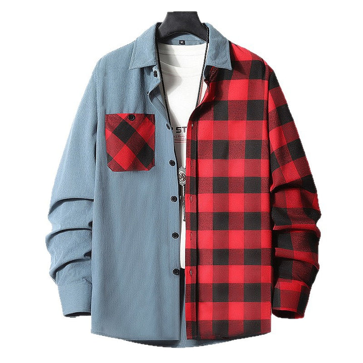 Men's Half-Split Overshirt in Lumberjack Check with Contrasting Solid Side, Chest Pocket, and Continuous Button Placket Mune Fashion