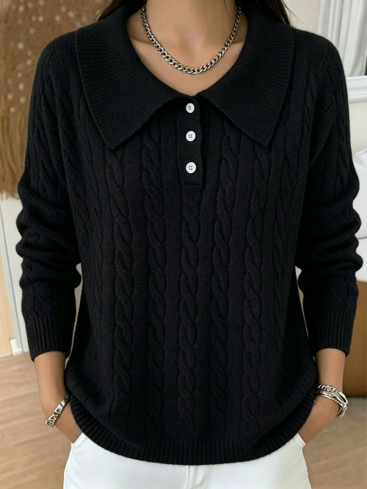 Women's cable knit polo sweater with large folded collar and relaxed silhouette Mune Fashion