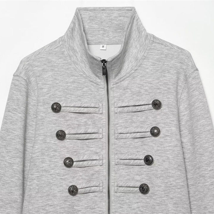 Women's Short Sweat Jacket in Military Style with Stand-Up Collar and Decorative Button Details Mune Fashion