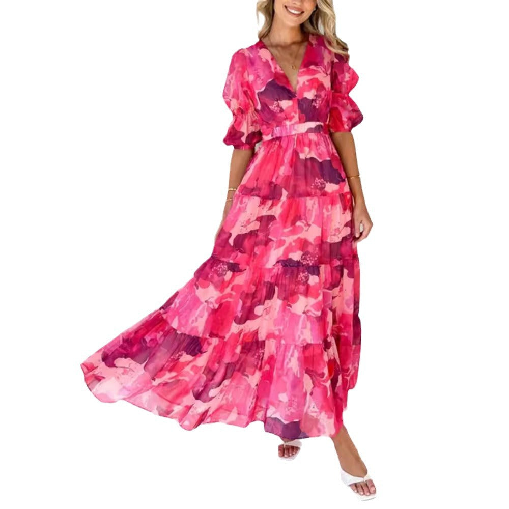 Ladies multi-layered maxi dress in ruffle tiered look with V-neck and gathered empire waist Mune Fashion