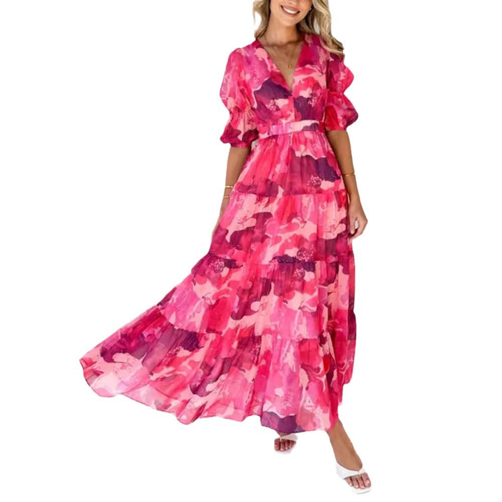 Ladies multi-layered maxi dress in ruffle tiered look with V-neck and gathered empire waist Mune Fashion