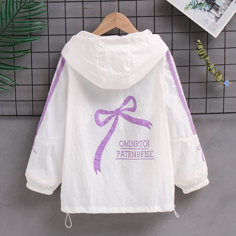 Women's lightweight hooded bomber jacket with bow print and contrast stripes Mune Fashion