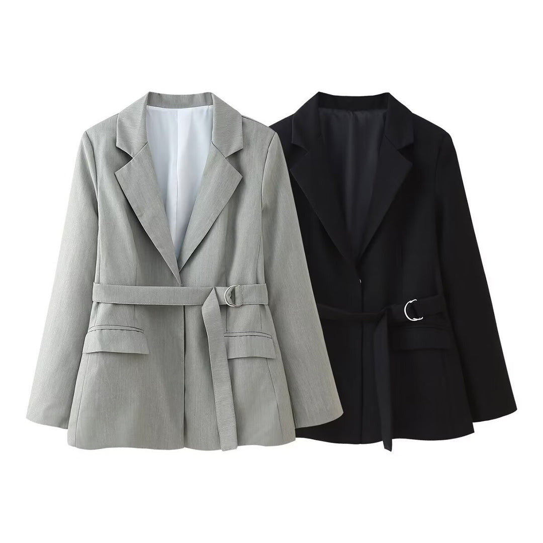 Women's tailored blazer with tie belt, patch pockets, and classic lapel Mune Fashion