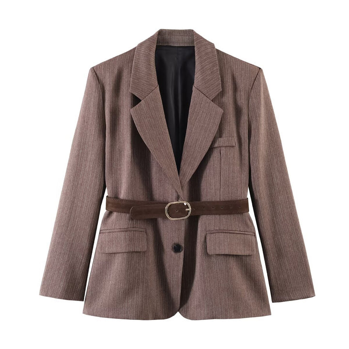 Women Tailored Single-breasted Blazer with Belt and Tonal Pinstripe Mune Fashion