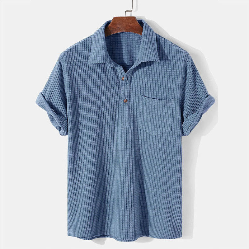 Men's waffle knit polo with shirt collar, short button placket and chest pocket Mune Fashion