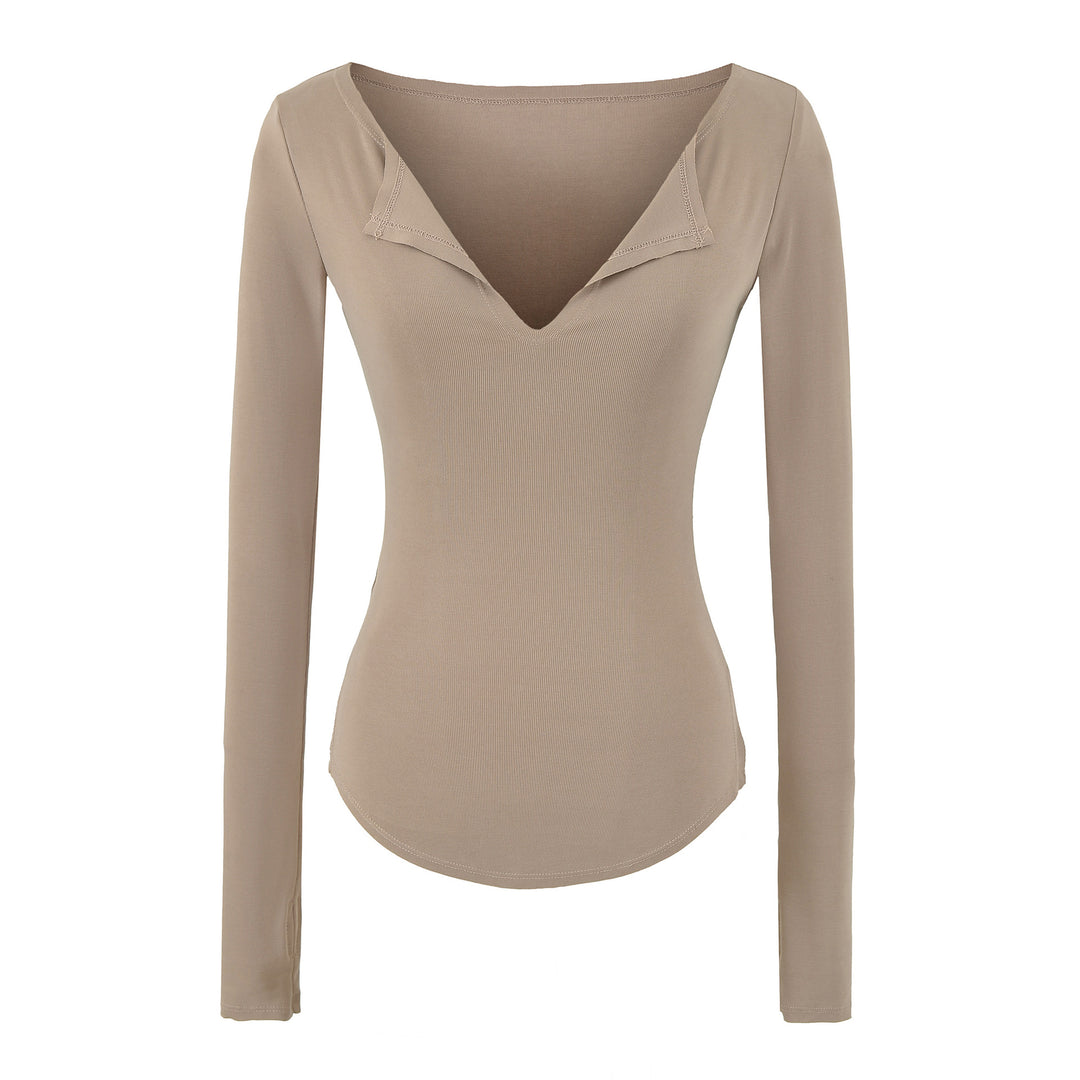 Women's fitted ribbed knit long sleeve with deep V-neck and collar trim Mune Fashion
