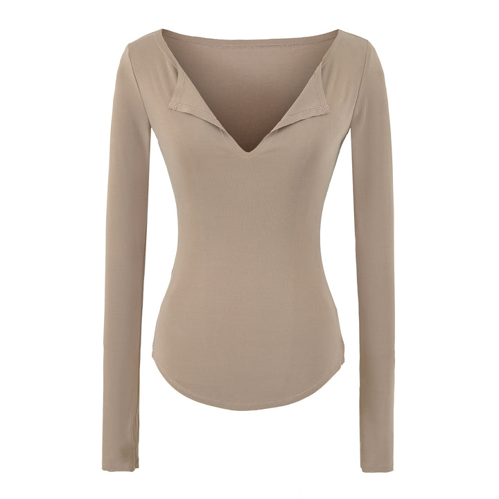 Women's fitted ribbed knit long sleeve with deep V-neck and collar trim Mune Fashion