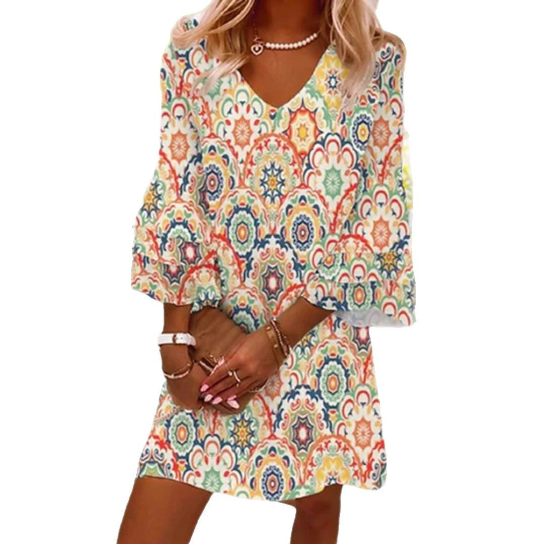Women's fall A-line mini dress with V-neck, three-quarter bell sleeves, and ornamental mandala print Mune Fashion