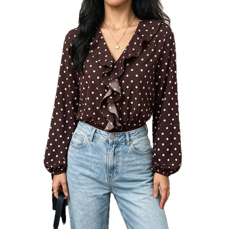 Women Polka Dot Ruffled Blouse with V-Neck, Long Sleeves and Elastic Cuffs Mune Fashion