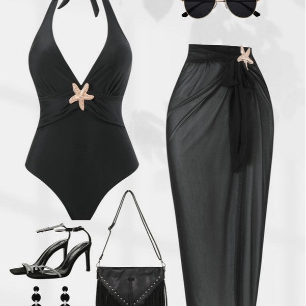 Women's Halterneck Swimwear with Transparent Pareo Mune Fashion