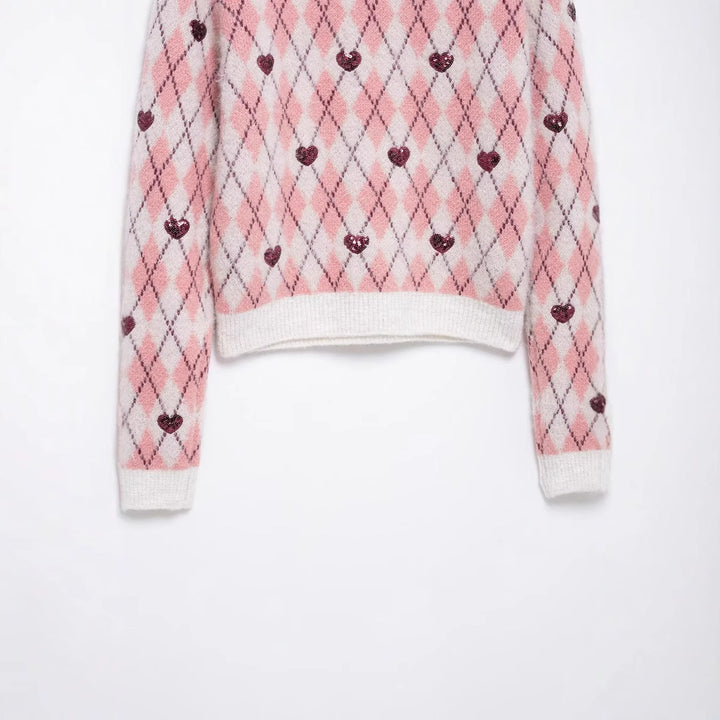 Women's playful argyle knit sweater with sequin hearts and round neckline Mune Fashion