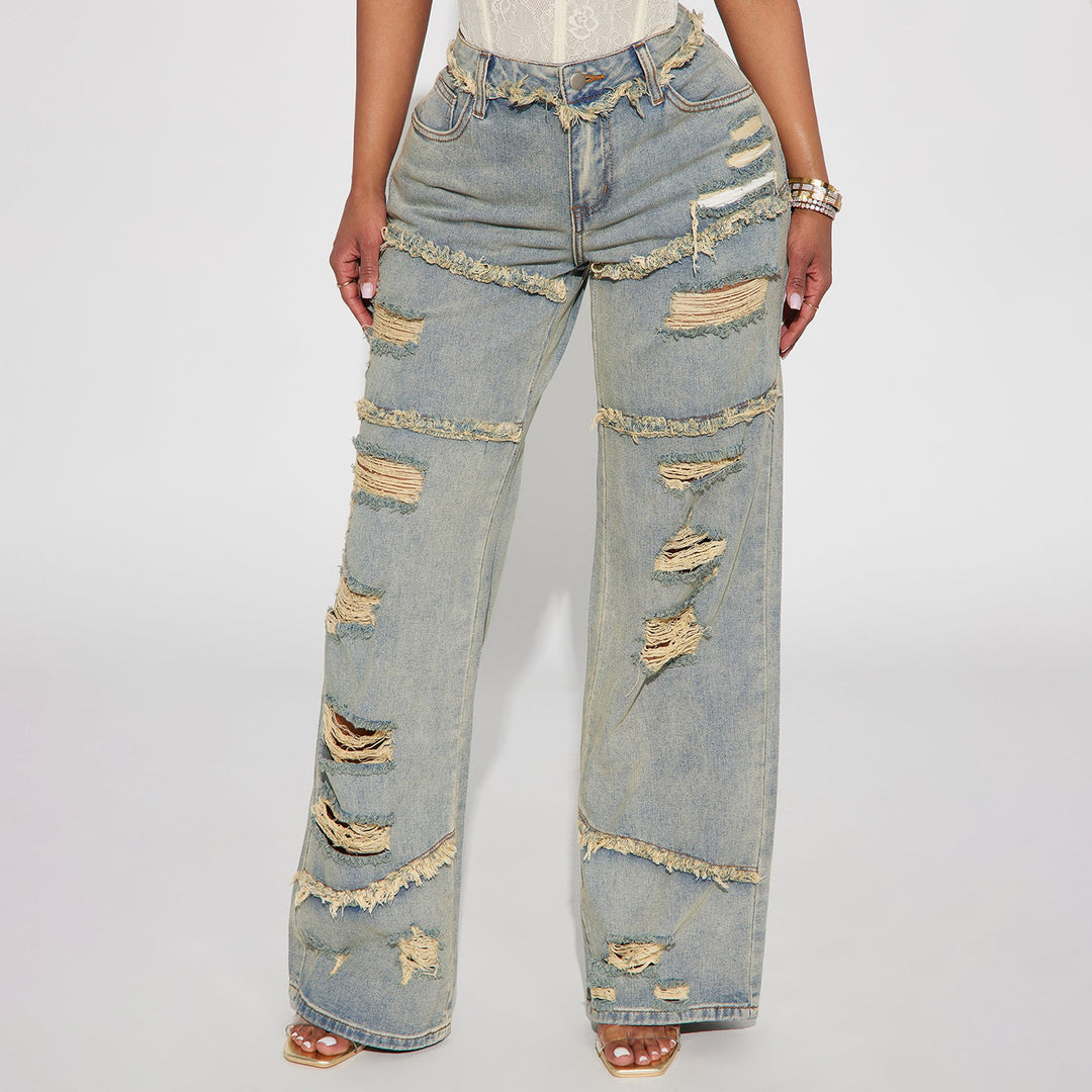 Women High Waisted Oversized Jeans with Wide Leg and Frayed Rips Mune Fashion