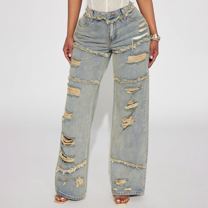 Women High Waisted Oversized Jeans with Wide Leg and Frayed Rips Mune Fashion