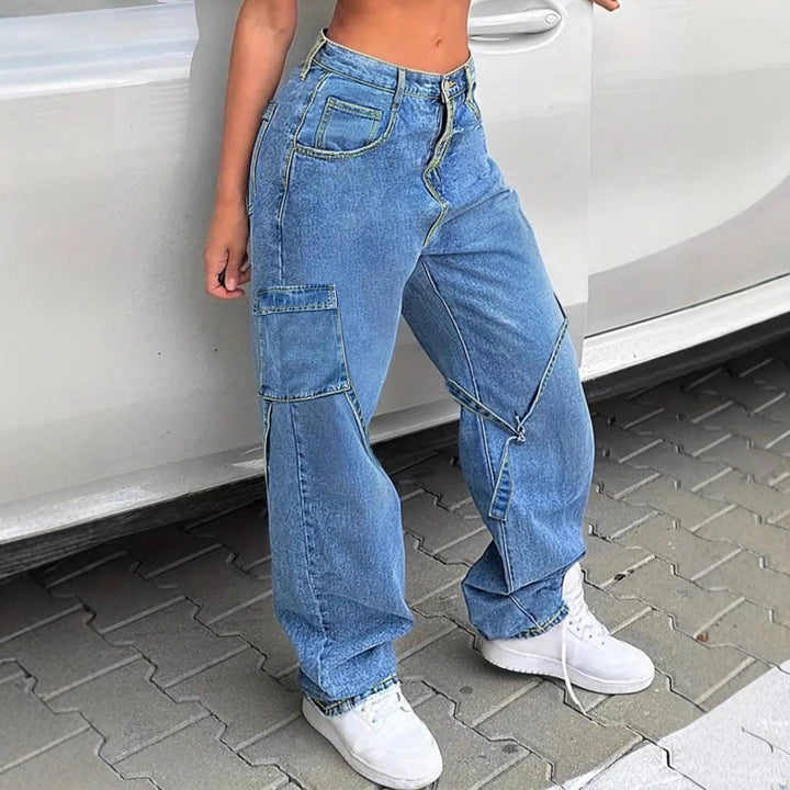 Women's Baggy Cargo Jeans Pants with Wide Leg, Applied Pockets and Zipper Detail Mune Fashion