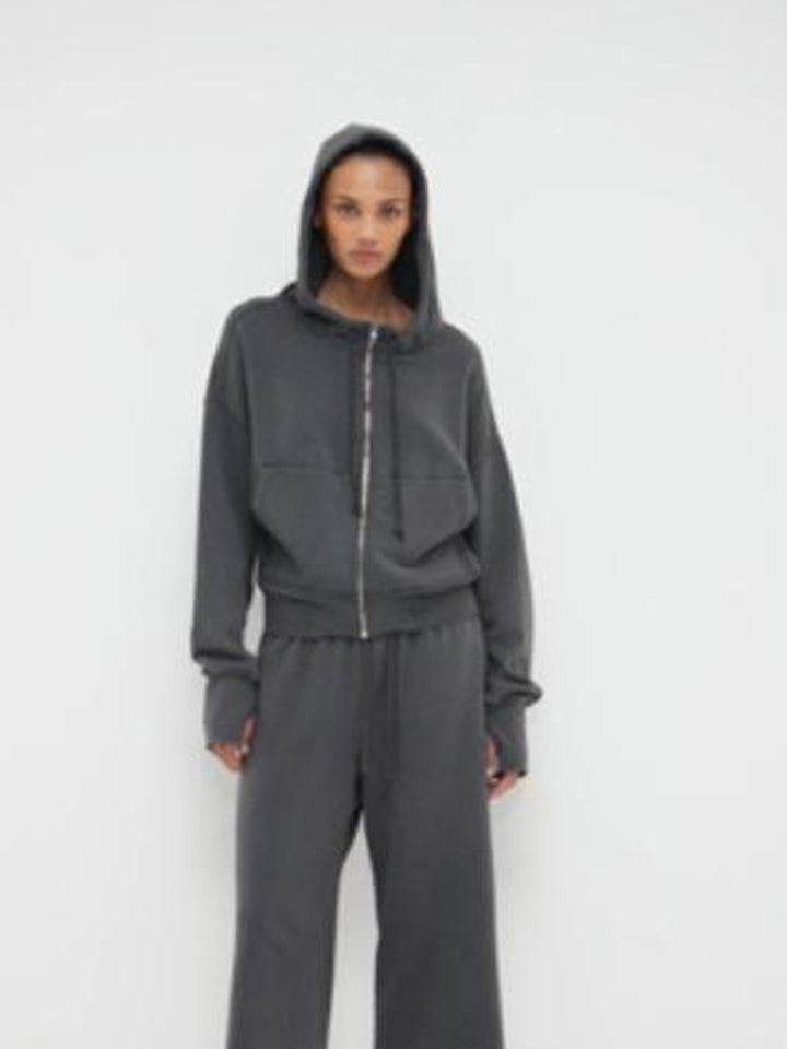 Ladies cropped hoodie sweatshirt with full zip, kangaroo pockets, and extended sleeve cuffs Mune Fashion