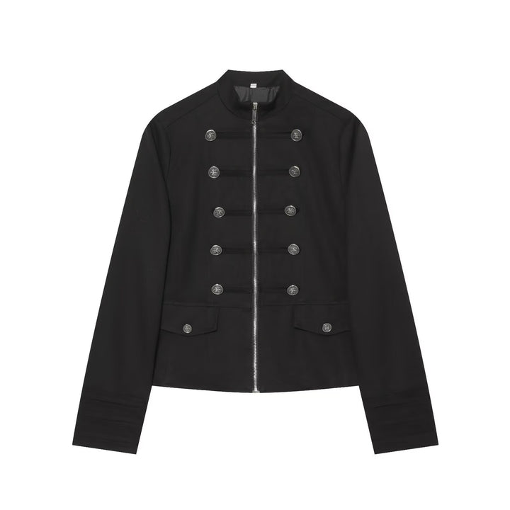 Women Short Military Inspired Jacket with Stand-Up Collar Double-Breasted Buttons and Zipper Mune Fashion