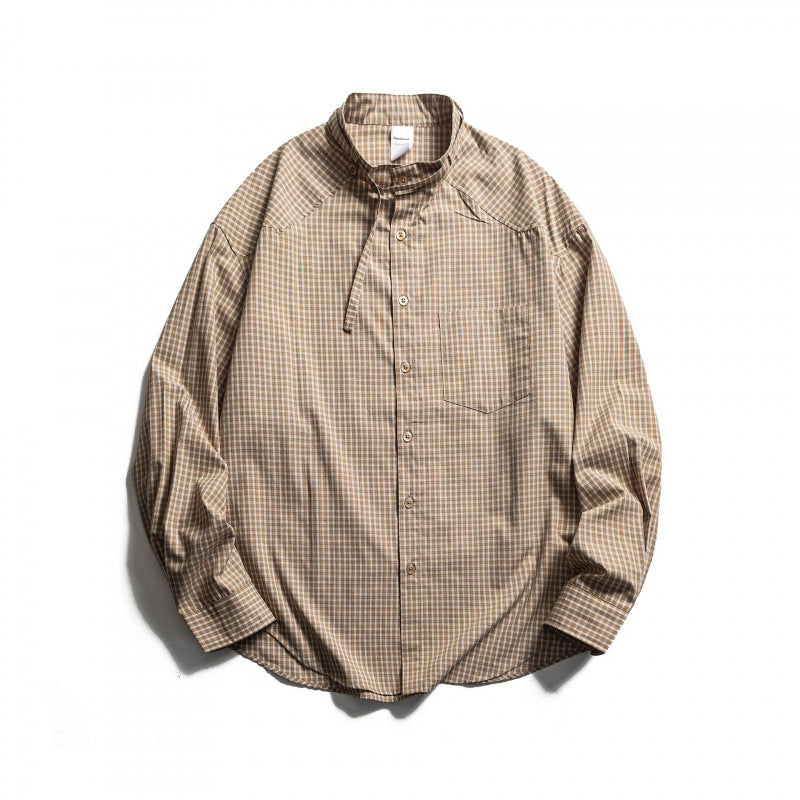 Men's Checked Oversize Shirt with Stand Collar, Drawstring and Raglan Sleeves Mune Fashion