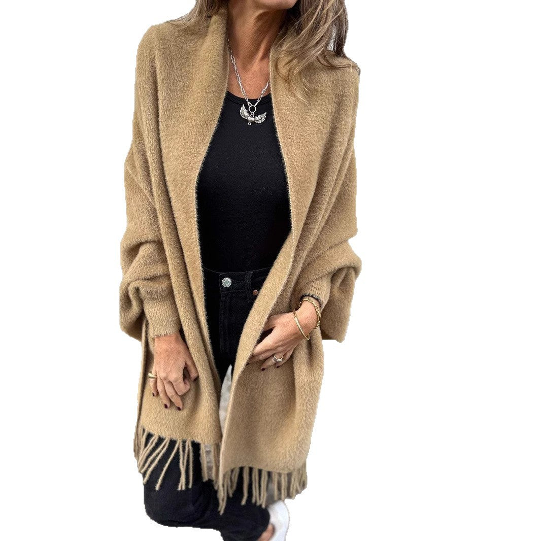 Women's longer cozy fringed cardigan with shawl collar and oversized fit Mune Fashion