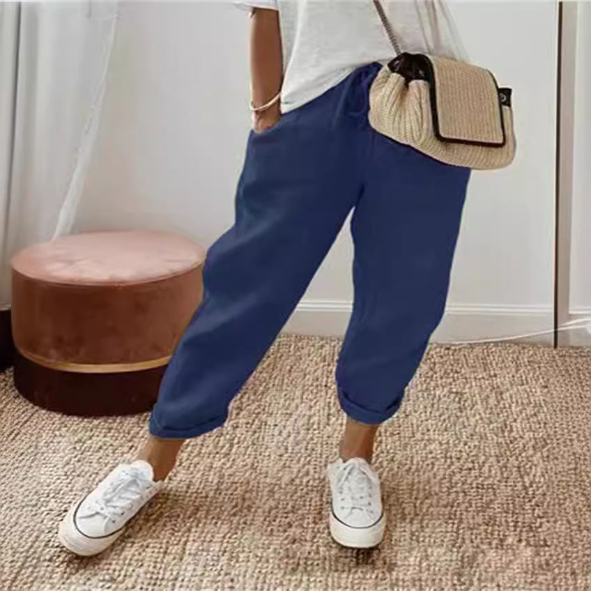 Women's lightweight linen pants with drawstring, loose pleat fit, and rolled ankle hem Mune Fashion