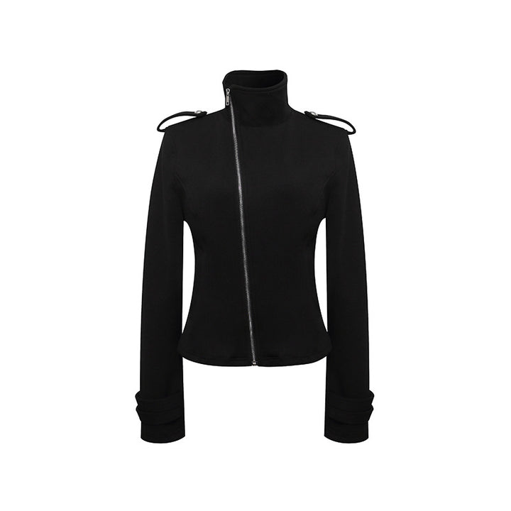 Women Fitted Zip Jacket with Stand-Up Collar, Asymmetrical Zipper and Epaulettes Mune Fashion