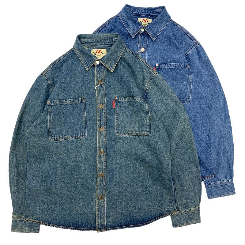 Men's Relaxed Denim Shirt Jacket with Patch Chest Pockets and Rounded Hem Mune Fashion