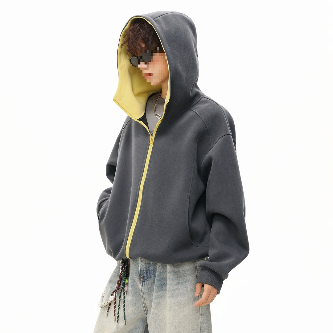 Men's Boxy Short Hooded Jacket with Contrasting Lining and Continuous Zipper Mune Fashion