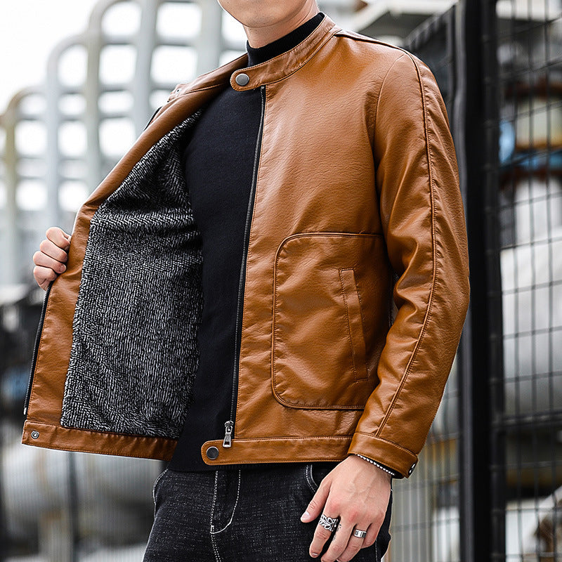 Men's Faux Leather Blouson with Stand Collar, Zipper and Patch Pockets Mune Fashion