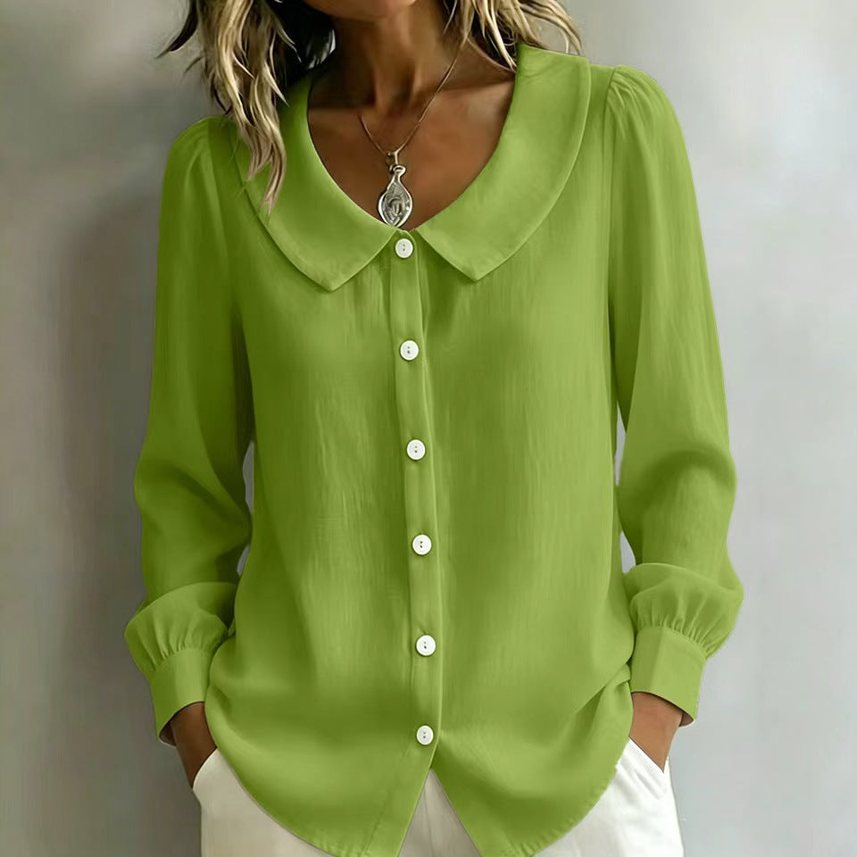 Women Loose Fit Blouse with Round Collar, Puff Sleeves and Pearl Button Placket Mune Fashion
