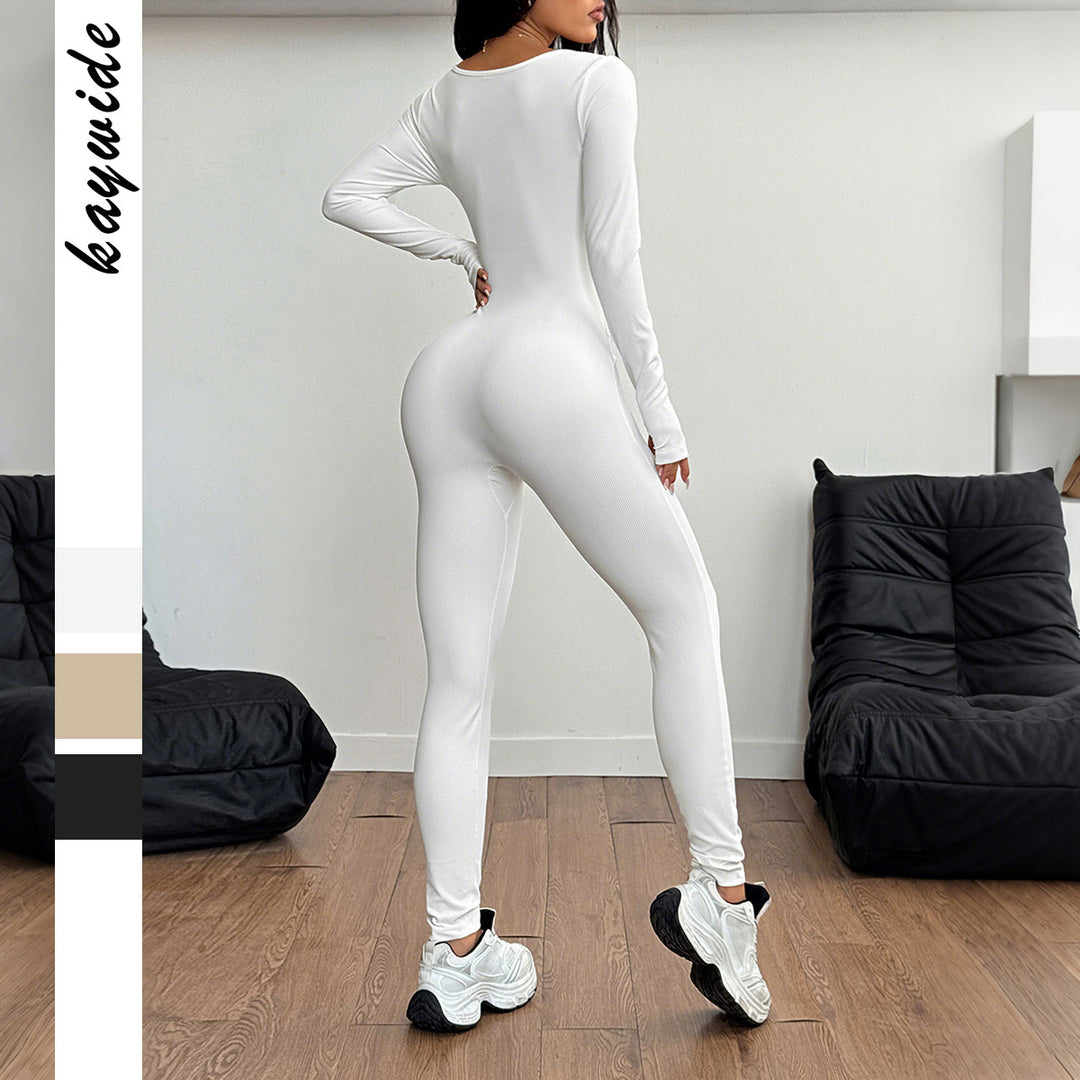 Women's sculpting Long Sleeve Bodycon Jumpsuit with square neckline and shaping seam guidance Mune Fashion