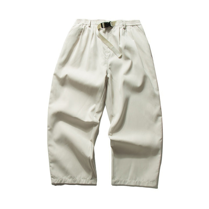 Men's Wide Relaxed Twill Pants with Elastic Waistband, D-Ring Belt, and Pleats Mune Fashion