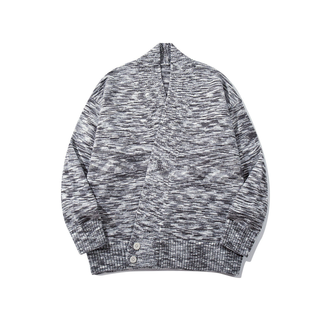 Women Oversize Knit Cardigan with Deep V-Neck, Button Placket at Hem and Melange Structure Mune Fashion