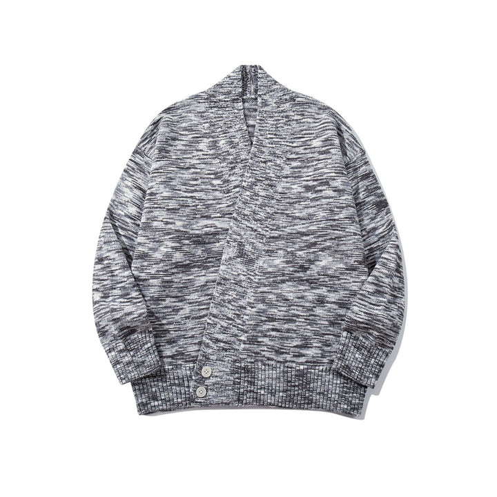 Women Oversize Knit Cardigan with Deep V-Neck, Button Placket at Hem and Melange Structure Mune Fashion