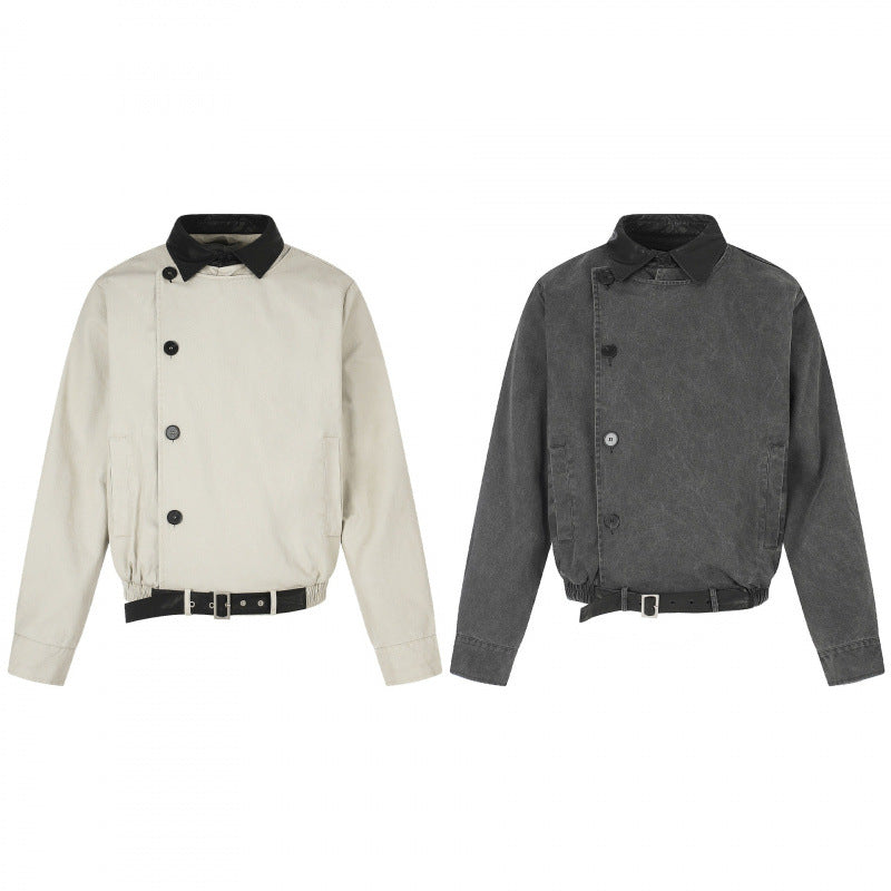 Men's short-cut bomber blouson jacket in vintage canvas with leather collar and waist belt Mune Fashion