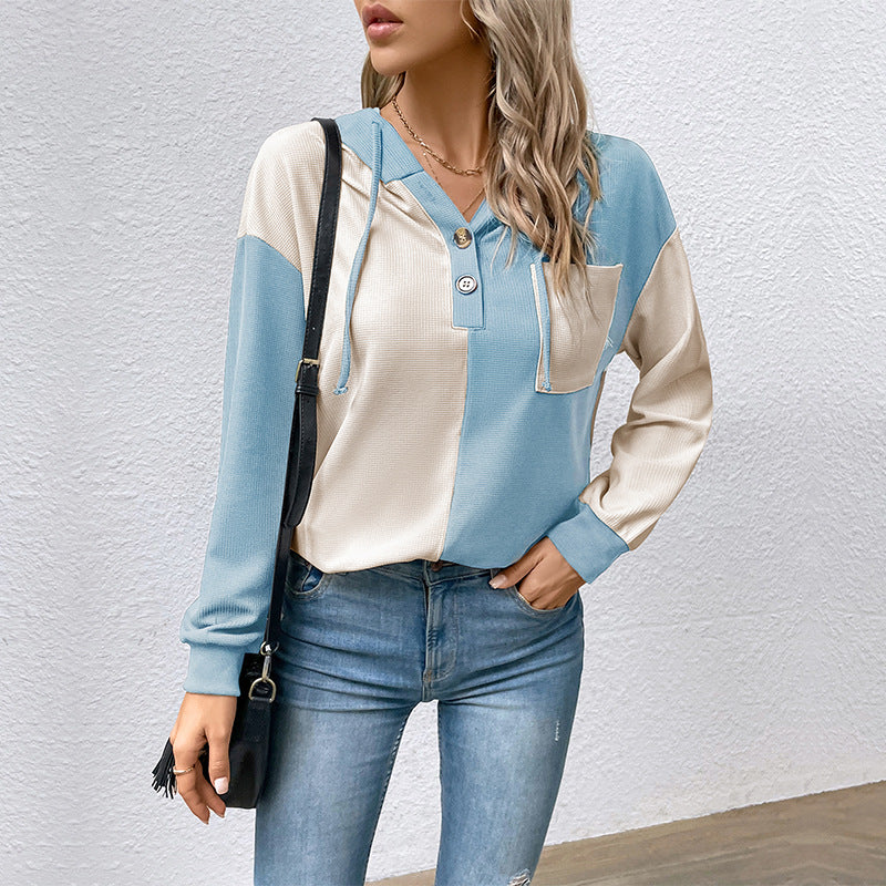 Women's Colorblock Hoodie with Waffle Texture, Button Placket and Chest Pocket Mune Fashion