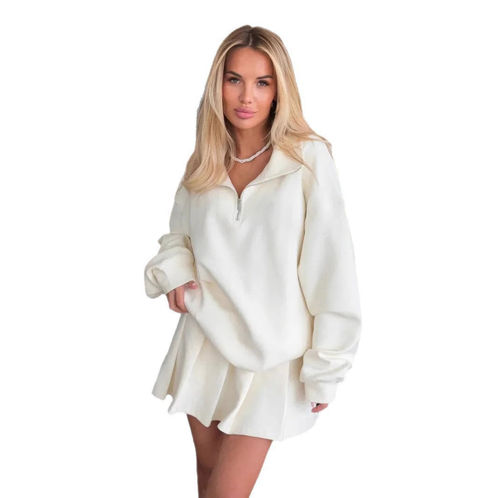Women Oversized Sweat Dress with Half Zipper and Stand-Up Collar Mune Fashion