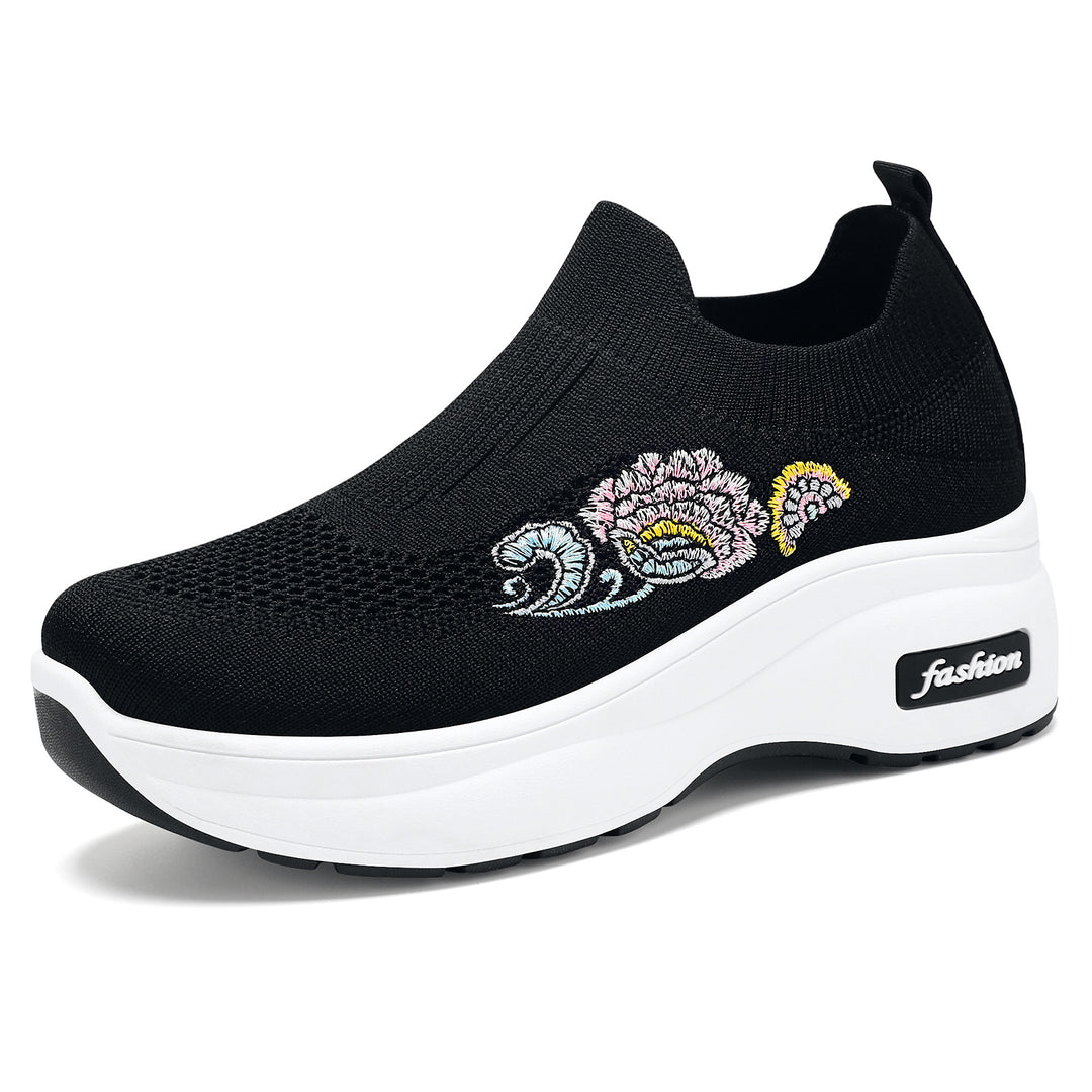 Women's elastic knitted slip-on with embroidered floral motif and supportive wedge outsole Mune Fashion