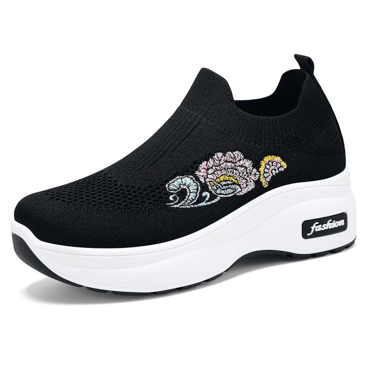 Women's elastic knitted slip-on with embroidered floral motif and supportive wedge outsole Mune Fashion